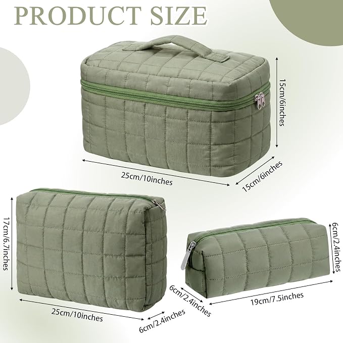 Huhumy 3 Pcs Large Puffy Makeup Bag Set Quilted Cosmetic Pouch for Women Cute Checkered Travel Toiletry Bag Puffer Makeup Organizer Purse Pouch Preppy Pencil Case with Zipper Valentine Gift(Green)