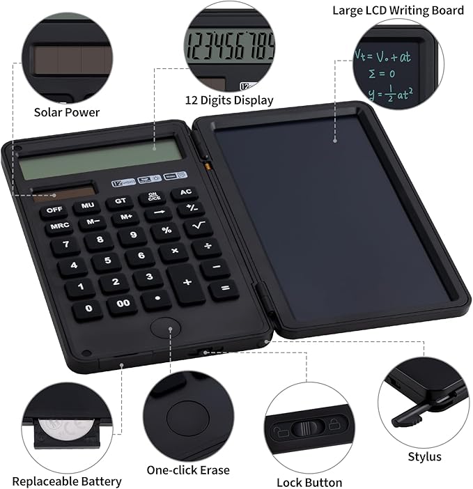 Desk Portable Calculator with Notepad and Stylus, Large Basic Calculator, Solar Power, 12 Digit Large Display Multi-Function for Office, School, Home & Basic Financial (Black)