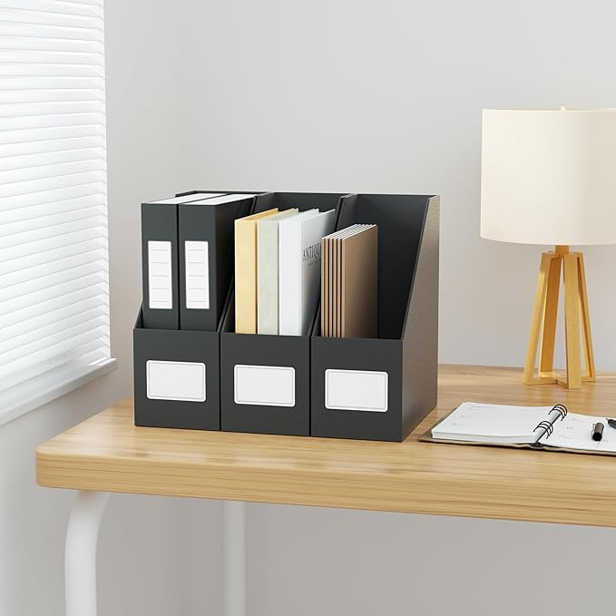 JiaWei Black Magazine File Holders, 3 Packs Sturdy Cardboard File Rack, Office Organization Desktop Storage File Box Binder for Shelves and Desk, Folder Holder for Office or Classroom