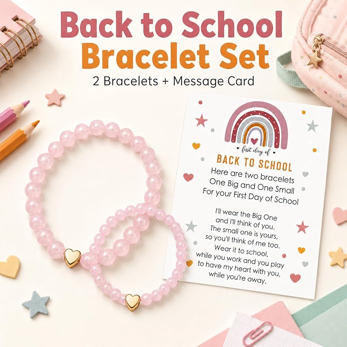 Back to School Bracelets Heart Matching Mommy and Me Elastic Wish Strings Bead Bracelets First Day of School Supplies Gifts
