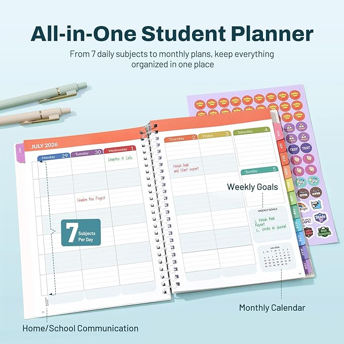 Student Planner 2026-2027, SUNEE Middle or High School Datebooks Student Planner for Academic Year Jul. 2026 - Jun. 2027, 6.5" x 8.3" Lesson Plan Book with Bookmark, Planning Stickers, Aurora Sky