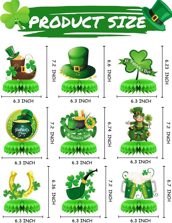 9Pcs St Patricks Day Table Decorations, Green St. Patrick's Day Honeycomb Centerpieces 3D St Patricks Day Decorations for Table Irish Shamrock Centerpiece for St Patricks Day Party Supplies