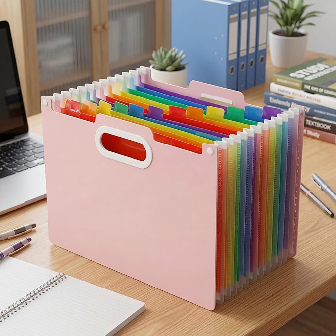 Comix Expanding File Folder, 13 Pockets Accordion File Organizer, Letter/A4 Size Document Organizer for Home Office School, Pink
