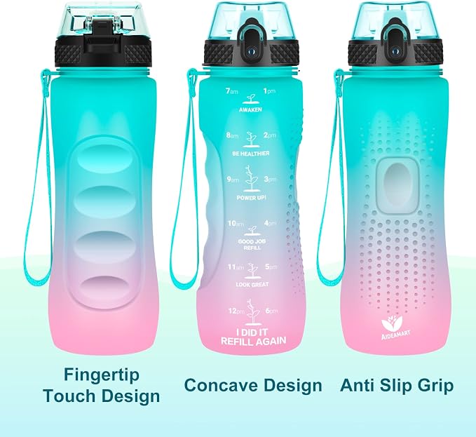 24 OZ Motivational Kids Water Bottle With Time Marker,Straw Lid,Leak Proof, Tritan BPA Free Sports Water Bottle Dark Green Pink (1 Lid)