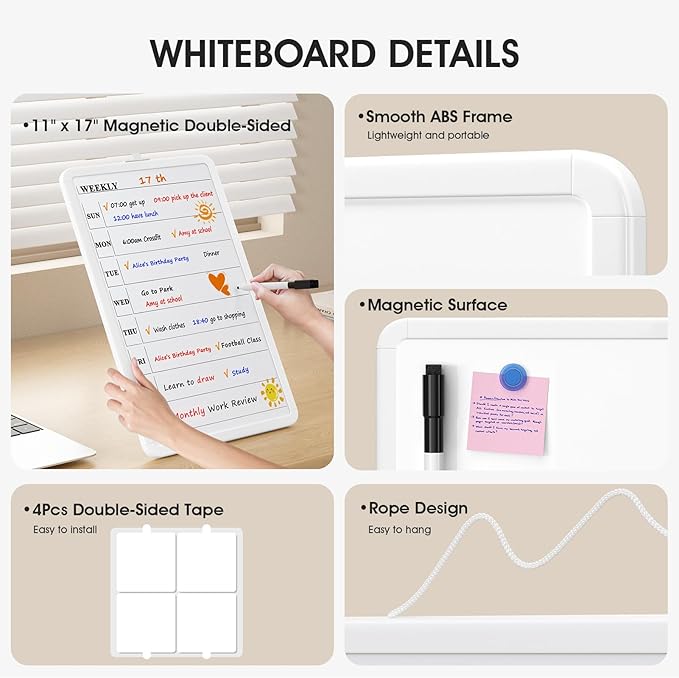 MaxGear Weekly Dry Erase Calendar Board for Wall, 11 x 17 Inch Double-Sided Magnetic Whiteboard, Weekly Planner on One Side and Blank Whiteboard on the Other, Includes 3 Color Markers and Magnets