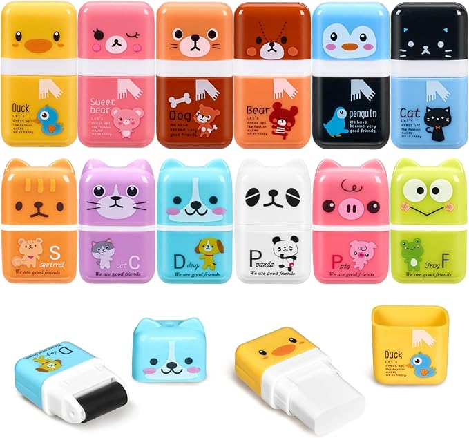 Sooez 12 Pack Pencil Erasers, Cute Erasers Pencil Eraser with Clean up Roller Pencil Eraser Shaving Roller Case Erasers for Party Favors Gift Supplies