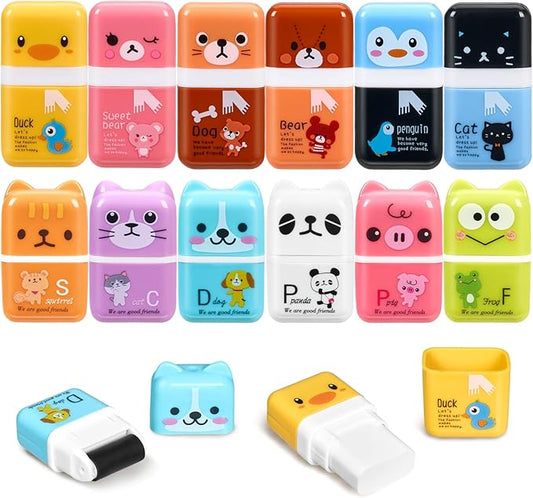 Sooez 12 Pack Pencil Erasers, Cute Erasers Pencil Eraser with Clean up Roller Pencil Eraser Shaving Roller Case Erasers for Party Favors Gift Supplies