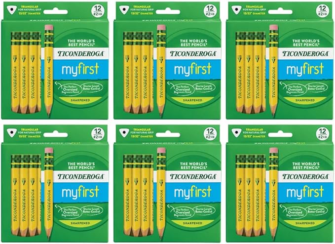Ticonderoga My First Half-Size Wooden Pencils, Large Triangle-Barrel Pre-Sharpened #2 (HB) Short 4.5" Yellow Pencils with Erasers, Yellow, 12/Pack, Case of 6 Packs