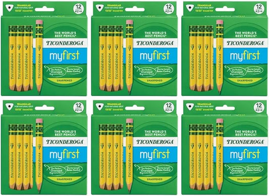 Ticonderoga My First Half-Size Wooden Pencils, Large Triangle-Barrel Pre-Sharpened #2 (HB) Short 4.5" Yellow Pencils with Erasers, Yellow, 12/Pack, Case of 6 Packs