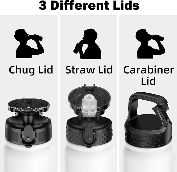 Oldley Insulated Water Bottle 20oz Water Bottles with Straw, Stainless Steel Water Bottle with 3 Lids, Double Wall Vacuum Thermo for Adults Kids,Leak-Proof Sport Bottles for School Travel, White Black