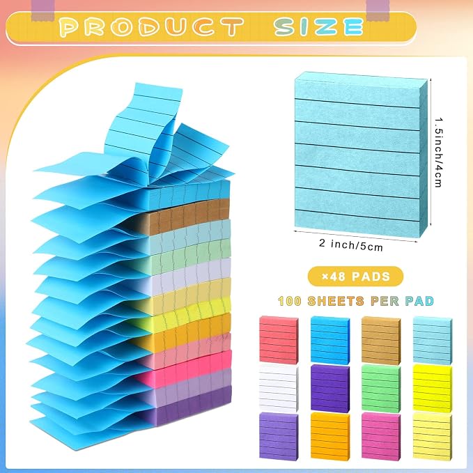 PerKoop 48 Pads, 4800 Sheets Small Sticky Notes 1.5x2 Lined 12 Colors