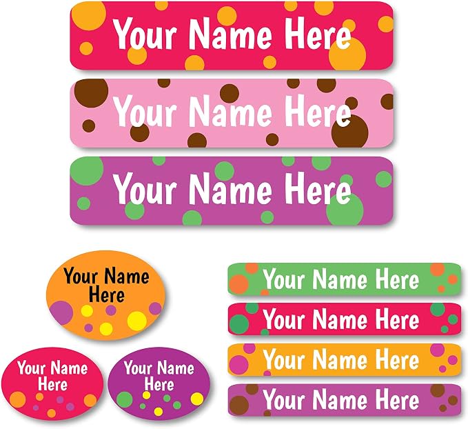 Lovable Labels Personalized Labels for Kids (85 Labels/Pack) - 3 Label Sizes Waterproof Dishwasher Safe Peel & Stick Labels for School Supplies Daycare Camp Clothing Bottles (Polka Dot Me)