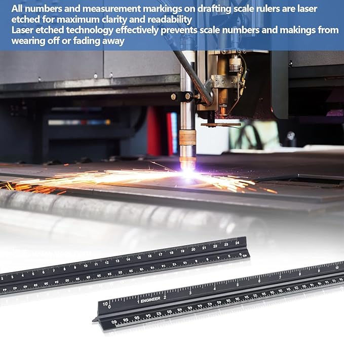 Engineer Scale Ruler, Imperial Measurements 12'', Laser-Etched Aluminum Architect Triangular Ruler Black for Architects, Students, Draftsman, and Engineers