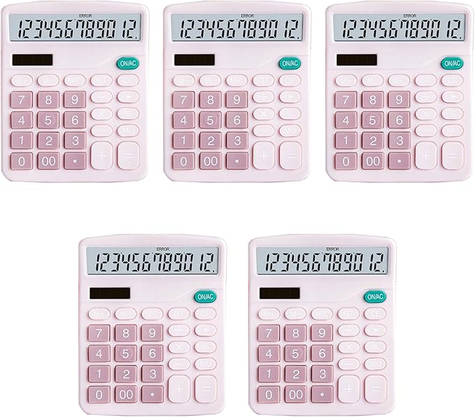 YOUHO Calculator, 12-bit Solar Battery Dual Power Standard Function Electronic Calculator with Large LCD Display Office Calculator Black(5 Battery) (KK-837B, 5PACK，pink)