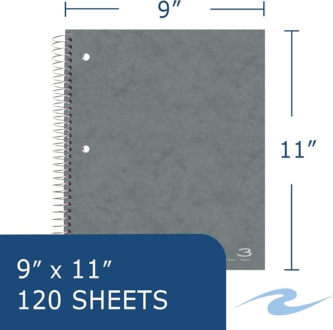 ROARING SPRING 3 Subject Spiral Notebook, 11" x 9", College Ruled, 120 Perforated Sheets, Assorted Eco Press Covers, 3 Double Storage Pockets, Made in USA