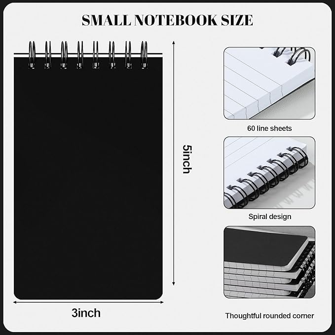 Thboxes 8 Pack Pocket Notebooks, 3 x 5 Spiral Notepads Mini Notebook 60 Sheets/120 Pages Small Notepads with Lined Pages Memo Pads for Nurse Gifts School College Office Home (Black)