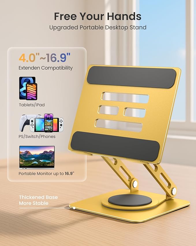 LOXP Metal Tablet Stand, 360 Rotating iPad Stand with Heavy-Duty Base, Tablet Holder Compatible with 4.0-16.9" Device, 2025 iPad Pro Air Mini, Kindle, Surface Tablet, Portable Monitors - Gold