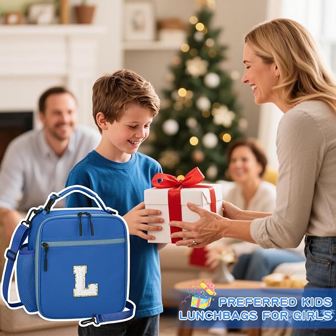 Initial Insulated Lunch Bag for Boys Kids, Back to School Gift, Reusable Leak-proof Lunch Box with Adjustable Strap for School Daycare Travel Picnic（Blue，L）