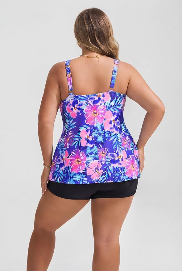 Hanna Nikole Womens Tankini Swimsuits 2 Piece Bathing Suit Flowy Ruffle Tankini Tops with Swim Shorts