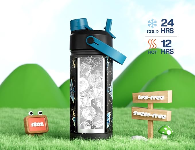 18 oz Kids Insulated Water Bottle: Glow-in-the-Dark, 2-in-1 Straw Spout Lid, Leakproof, BPA-Free, Keep Cold 24H, Stainless Steel Cup for School, Party, Travel, Holiday, Gift (Gilded Flutter)