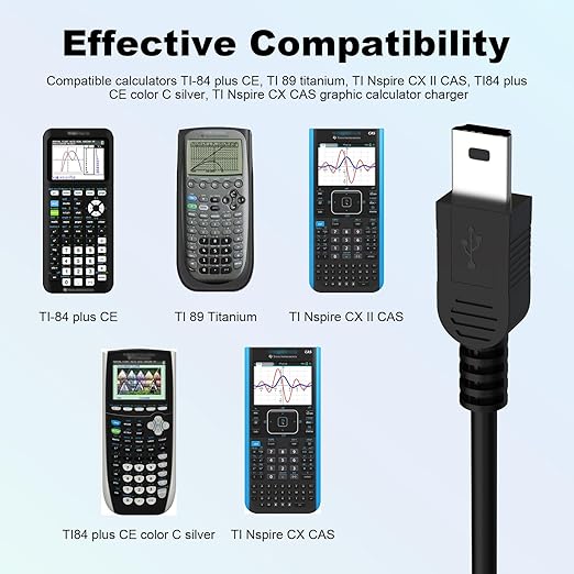 Toxaoii USB Power and Data Cable Compatible with Texas Instruments Calculators TI-84 Plus CE, TI 89 Titanium, TI Nspire CX II CAS, TI Nspire CX CAS Graphing Calculator Charger Black