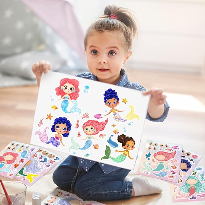 24 Sheets 8.27''×5.9'' Make Your Own Mermaid Stickers for Kids Toddlers, Make a Face Stickers for Kids Party Favors Activities