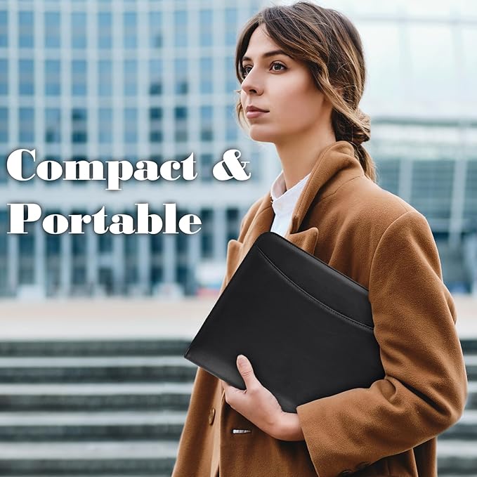 Leather Padfolio Portfolio Binder Organizer, with 25 Pages Notepad & 13" Tablet Sleeve, Professional Conference Meeting Business Zipper Folder for Letter Size A4 Legal Writing Pad Document Men Women