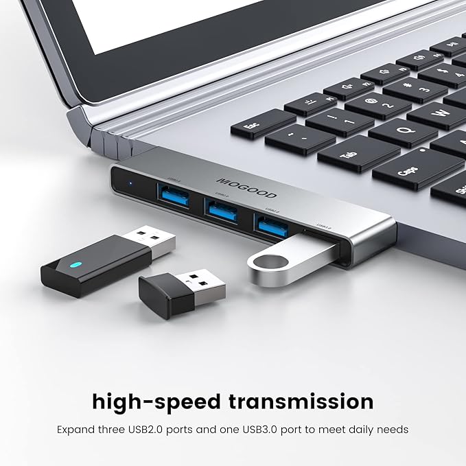 MOGOOD USB Hub 3.0, 4-Port Aluminum USB Splitter – Sturdy No-Cable Design, 1 USB 3.0 + 3 USB 2.0 Ports, Plug & Play Data Hub for Laptop, Desktop, Mac, Chromebook Ideal for Flash Drive, Mouse, Keyboard