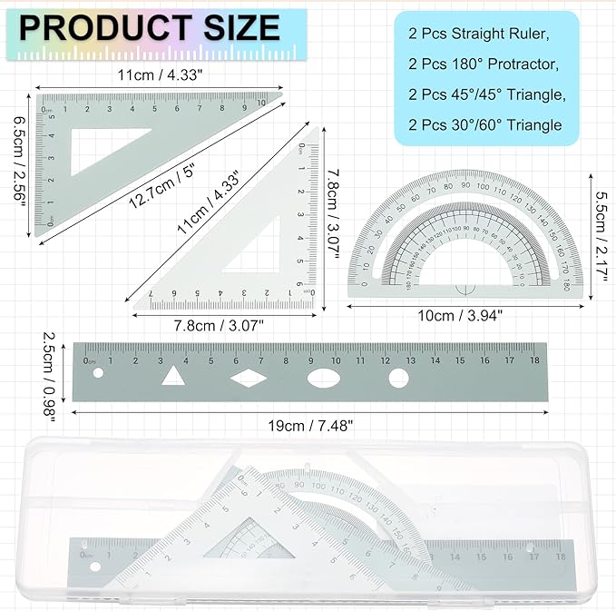 PATIKIL Geometry Set, 2 Pack 7 Inch Aluminum Ruler & 4 Triangles, Metal Protractor Ruler Math Drafting Measuring Tool for Home Office Math Drawing Engineering Art,Gradient Green