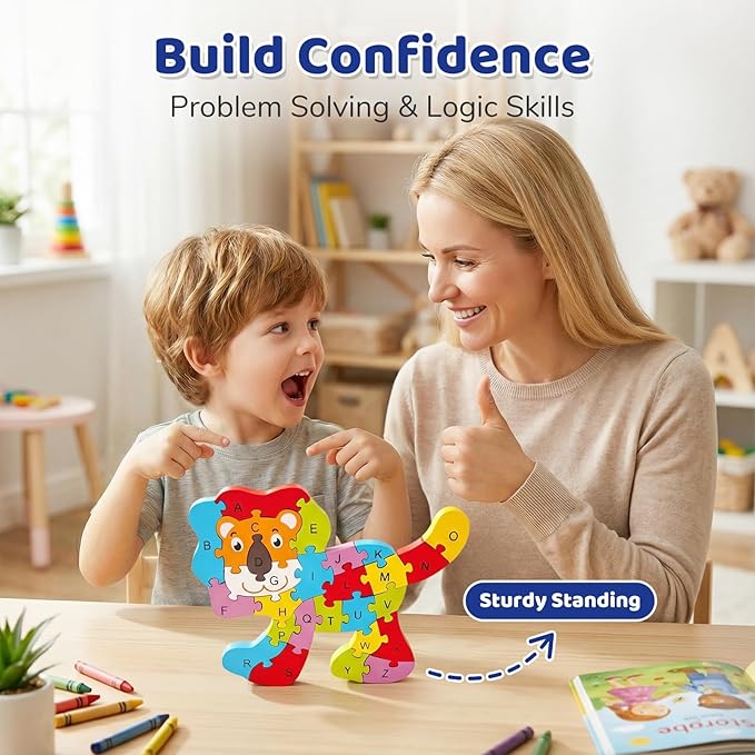 LovesTown Wooden Puzzles for Kids, Double Sided Lion Jigsaw with Alphabet & Numbers, Montessori Educational Toy for Toddlers, Chunky Animal Gift