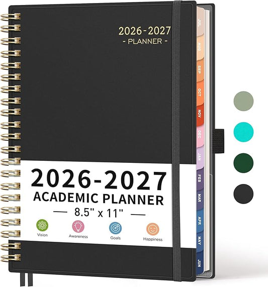 RETTACY Academic Planner 2026-2027, Weekly and Monthly, July 2026 - June 2027, Large Size (8.5" x 11"), Calendar, Agenda, 12-Month Tabs, for Student, Teacher, School (Black)