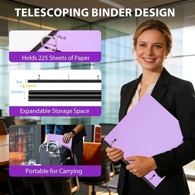 WOT I 12-Pack 1 Inch Telescoping 3 Ring Binder, Expandable Flexible Binder - Patented Design for Easy Portability, Holds 8.5"x11" Paper, Perfect for School, Office&Home Organization