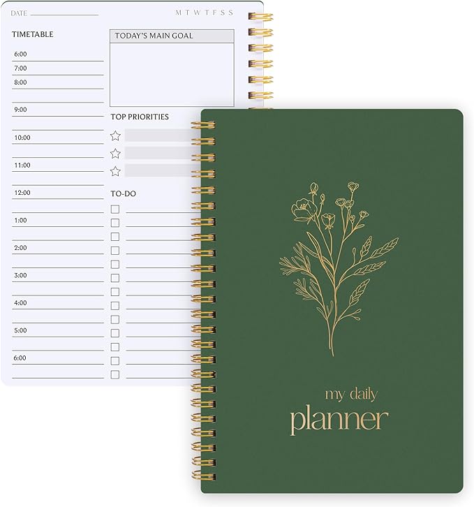 Thboxes Undated Daily Planner with Hourly Schedule, 5.71" X 8.35" Daily To DO List Noteboook Set Goals A5 Daily Personal Organizer Notepad for School Work Office Improve Efficiency Planner, Green