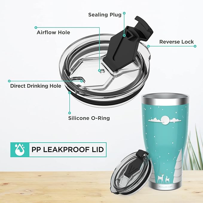 HAUSHOF 20oz Christmas Tumbler, Stainless Steel and Double Wall Vacuum Insulated Travel Coffee Mug with Lid, Good Choice for Gifts-Teal with Christmas Tree