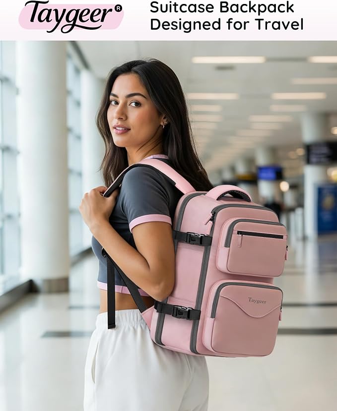Taygeer Travel Backpack for Women, Travel Personal Item Bag with Shoe Pouch | TSA Approved Under Seat Carry on Backpack with Water Bottle Pocket Fits 15.6inch Laptop, Travel Essentials for Airplanes,Pink