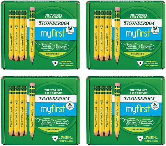 Ticonderoga My First Short Triangular Wood-Cased Pencils, #2 HB Soft, Yellow, 36-Count Pack, Set of 4 Packs