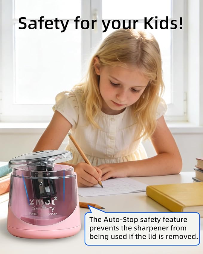 ZMOL Battery Powered Electric Pencil Sharpener,Small Battery Operated Pencil Sharpeners Portable,Fast Sharpen, Suitable for No.2/Colored Pencils(6-8mm), School/Classroom/Office/Home Pink