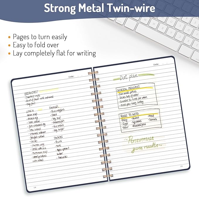 Forvencer Lined Spiral Journal Notebook with 300 Numbered Pages, A5 College Ruled Thick Journals for Writing with 100GSM Paper, Hardcover Notebooks with Contents for Work, School, Women, Men, Navy