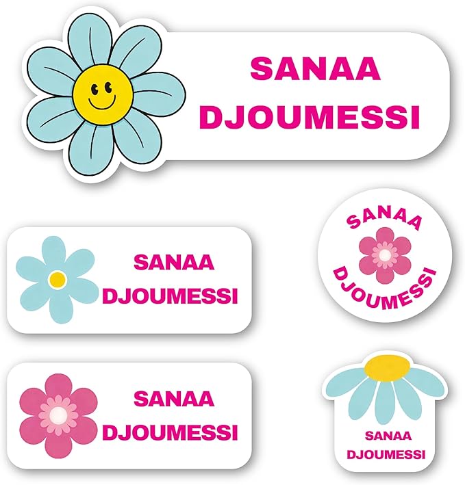 Personalized Kids Name Labels – Waterproof Custom Stickers for Daycare & School, 117 Pack, Dishwasher & Laundry Safe (Flower)