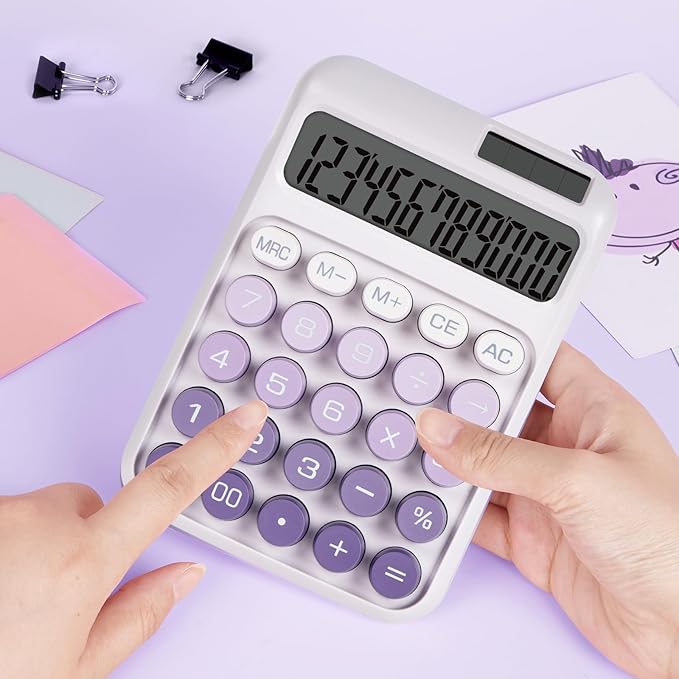 Mechanical Switch Calculator with Big Buttons, Calculators Desktop, 12 Digits, Solar Battery Power, Desk Calculator,Large LCD Display,Cute Purple Calculators for Teachers Students Basic Office