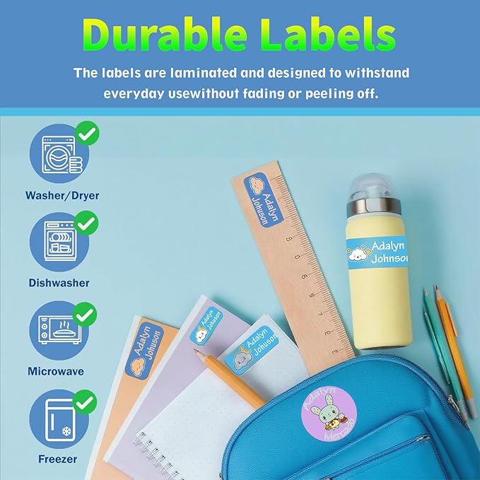 Custom Personalized Name Labels for Kids-(200-1000Labels) Waterproof Name Stickers Tags for School&Daycare,Clothing Tags,Washable&Durable Labels for Lunch Boxes, Bottles,Toys&GEA (Clouds)