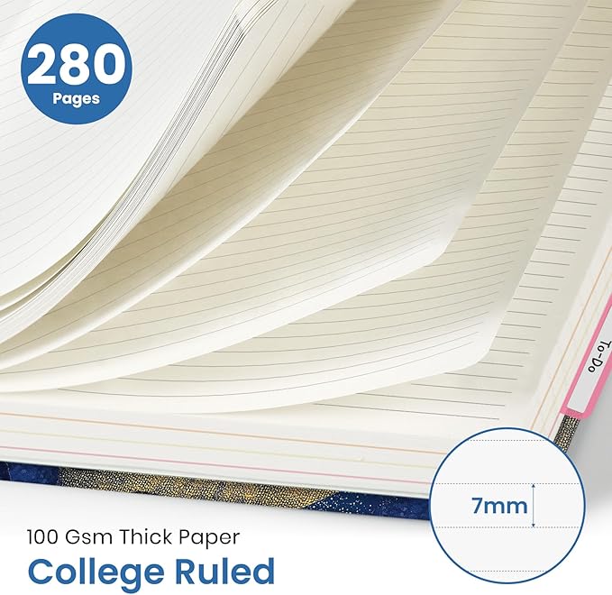 Large Spiral Notebook with Dividers & Tabs, 8.5" x 11" Hardcover 5 Subject Notebook for Work, 280 Pages, College Ruled, Cute Journal for Women, Perfect for Study & Office Note Taking, Golden Night