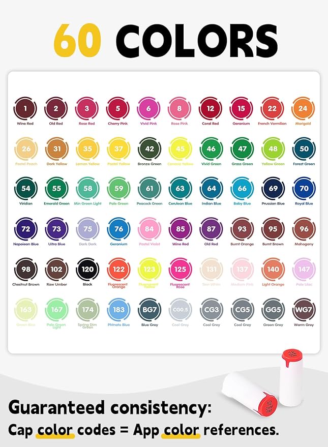 YHC 60 Colors Alcohol Markers Brush Tip with Free App, Chen Rui Series Chisel & Brush Tips Alcohol Brush Markers for Adults Coloring, Drawing, Painting, Illustration, Sketching