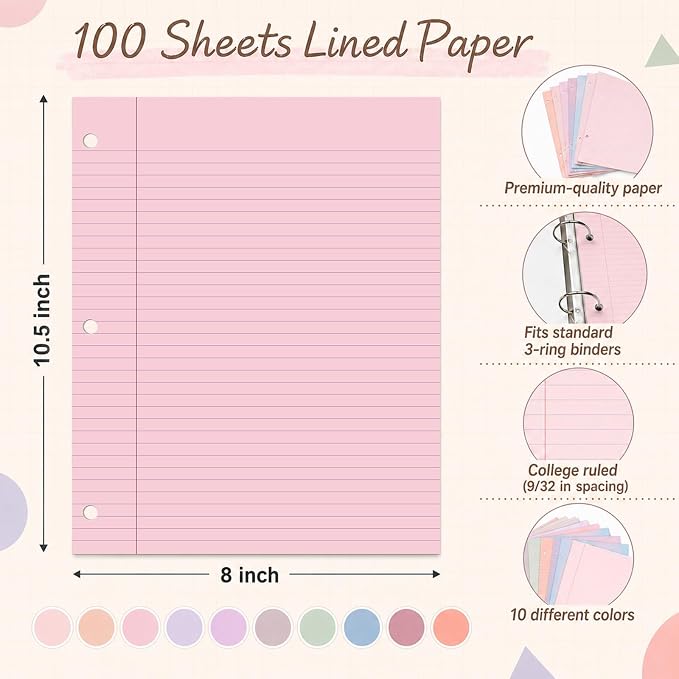 gisgfim 100 Sheets 3 Hole Punched Lined Refill Paper 8 x 10.5 Inch Loose Leaf Paper 3-Ring Binders College Ruled Notebooks Planner Inserts Thicken for Writing School Office Home Supplies(Dreamy)