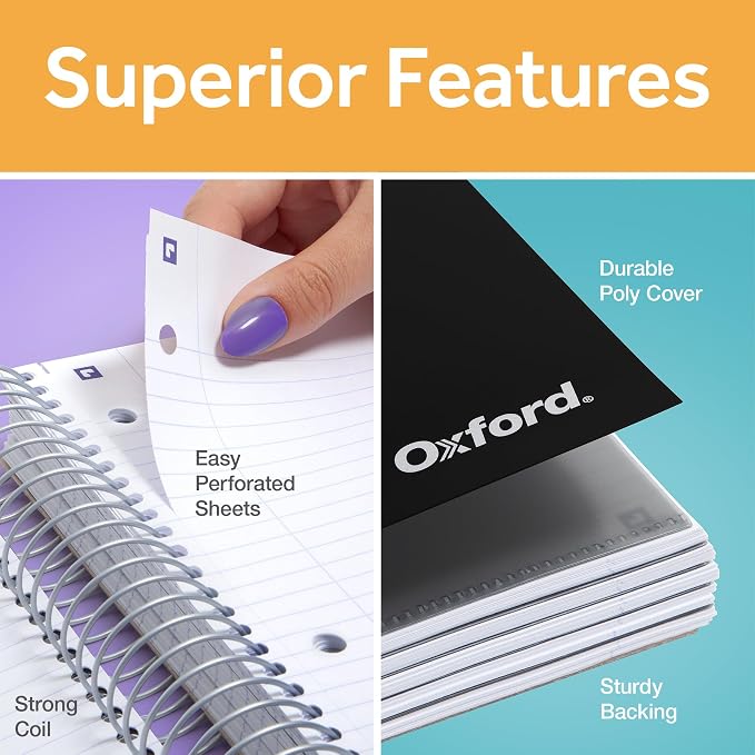 Oxford Spiral Notebook with Free Study App, 5 Subject, College Ruled, Ultra Smooth Paper, No Ink Bleed-Through, Strong Poly Black Cover, 5 Durable 2 Sided Pockets, 200 Easy Perforated 8.5"x11" Sheets