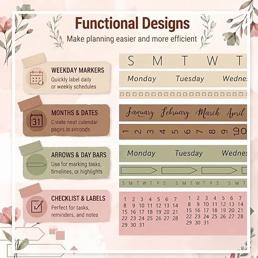 Chuangdi 9 Rolls Calendar Washi Tape Set Day Week Month Number Vintage Calendar Date Washi Masking Tape Decorative Patterned Marking for Arts Crafts Journal Planner (Pink, Green, Brown, Light Brown)