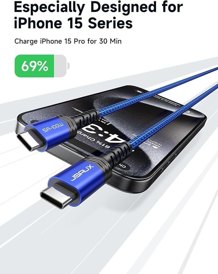 JSAUX 100W USB C to USB C Cable for iPhone 17, USBC Type C Charge Cord 5A Fast Charging Compatible with iPhone 17 Air 16 15 Pro Max Samsung Galaxy S25 S24 MacBook iPad Pro Carplay (2-Pack, 6.6ft) Blue