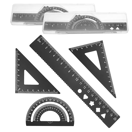 PATIKIL 8 Pcs Geometry Drafting Tool, Aluminum Alloy Geometry Kit Math Tool Includes 20cm L Ruler Protractor Triangles for Drafting Angle Measure Simple Science Experiment, Black