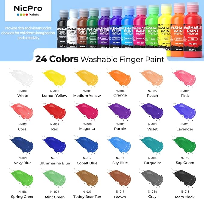 Nicpro 24 Colors Washable Finger Paint Set for Toddlers (2 oz), Non-Toxic & Baby Safe Paint for Hand and Feet, Mess Free Finger Painting Art Supplies for Kids Age 1-3 4 5 6+, Preschool Learning Gifts