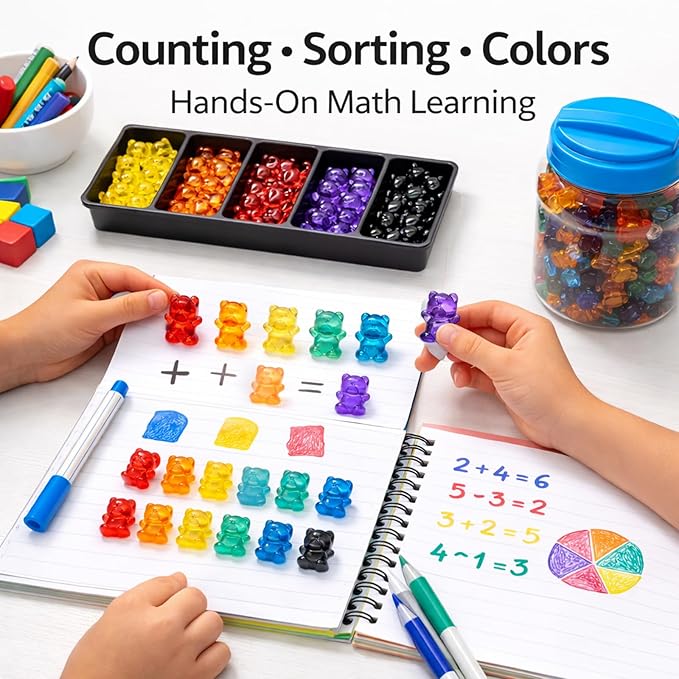 110 PCS Translucent Counting Bears with Storage Jar, Color Sorting Math Manipulatives for Toddlers 3+, Preschool & Kindergarten Learning Toys, Bear Counters